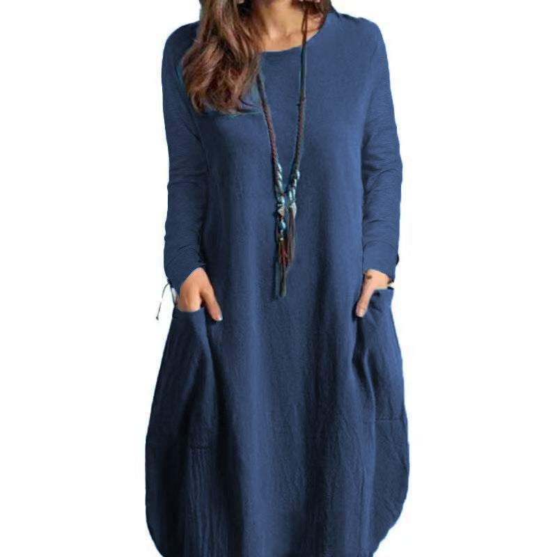 Women's Autumn Cotton And Linen Loose Casual Solid Color Long-sleeved Dress