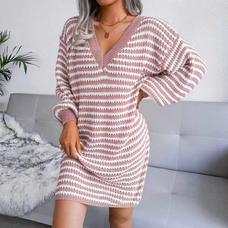 Ins Striped Sweater Dress V-neck Long Sleeve Dresses For Women