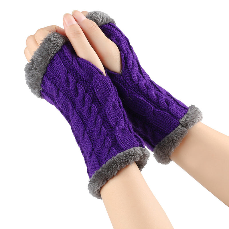 Fleece-lined Fluffy Gloves Twist Knitted Finger Leakage