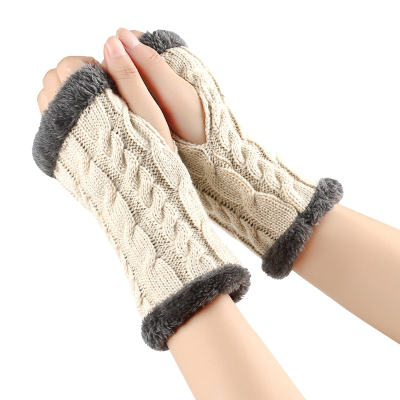 Fleece-lined Fluffy Gloves Twist Knitted Finger Leakage