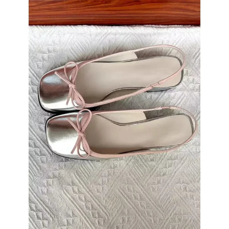 2023 Summer Women's Flats Sliver Boat Shoes Square Toe Slip on Flat Shoes for Woman Ballet Flats Comfortable Bow Women's Sandals