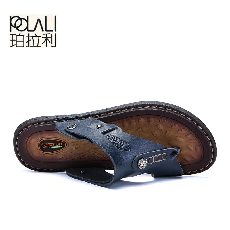 POLALI Men Sandals Genuine Split Leather Men Beach Sandals Brand Men Casual Shoes Flip Flops Men Slippers Sneakers Summer Shoes