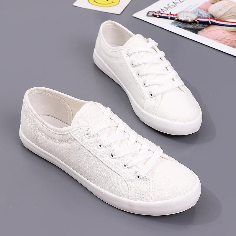 Unisex White Canvas Shoes Casual Summer Vulcanized Shoes Lace-up Students Cloth Shoe Women's Flats Sneakers Women Board Shoes