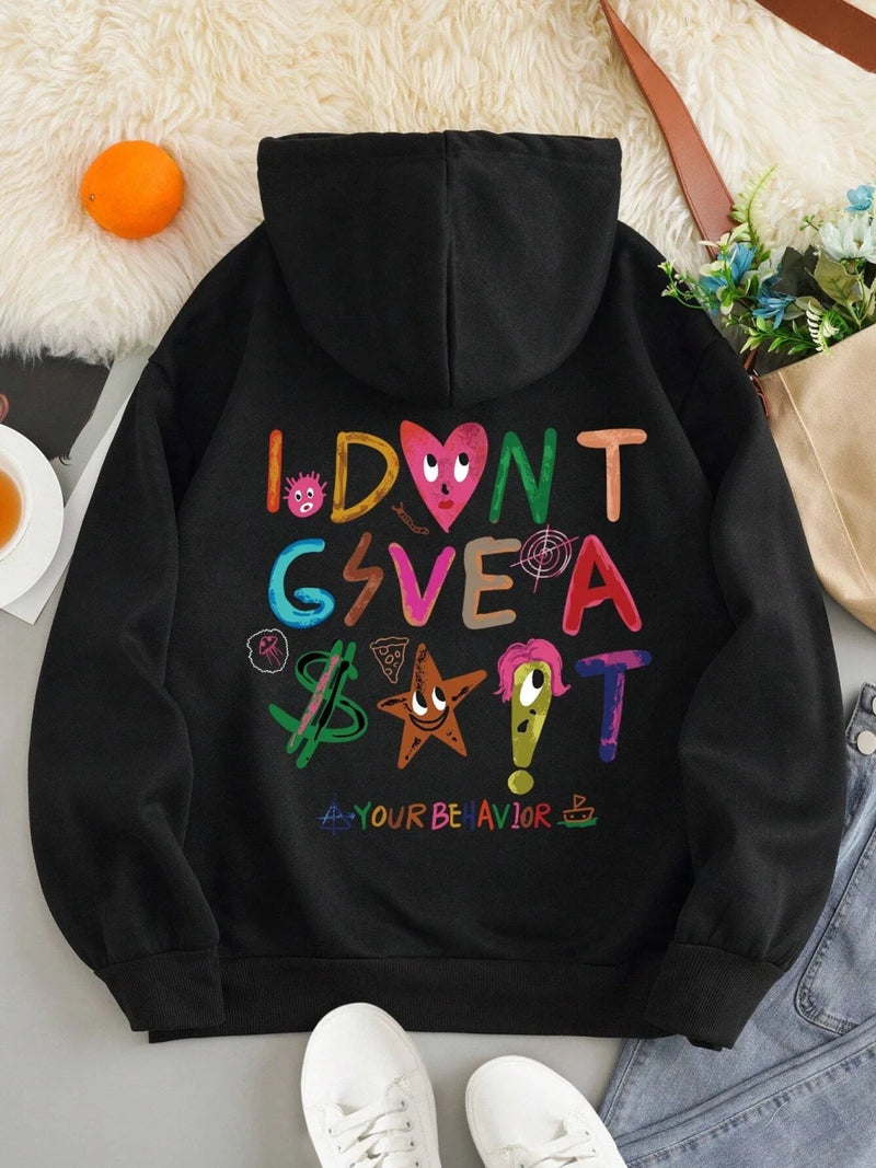 I don't Gsvea Sait Your Be Havior Funny Letter Womens Hoody Korean Fleece Sweatshirt Crewneck Hooded Street Oversize Clothes