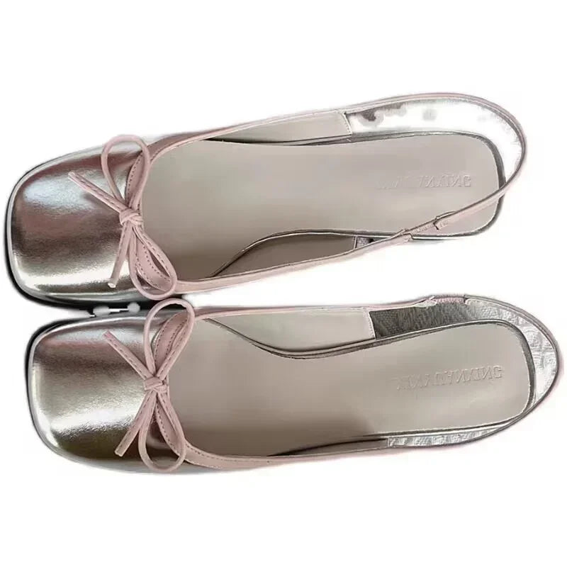 2023 Summer Women's Flats Sliver Boat Shoes Square Toe Slip on Flat Shoes for Woman Ballet Flats Comfortable Bow Women's Sandals