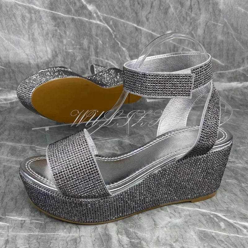 Silver Crystal Sequin Women's Flats Elegant Sexy Straps Concise Sandals Bling Wedge Ankle Buckle Open Round Toe Slingback Shoes