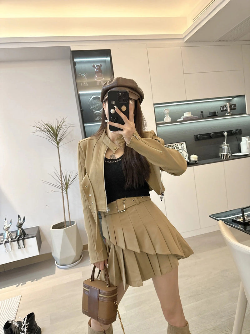 Women's Oblique Zipper Lace-up Cutout Pleated Skirt Suit